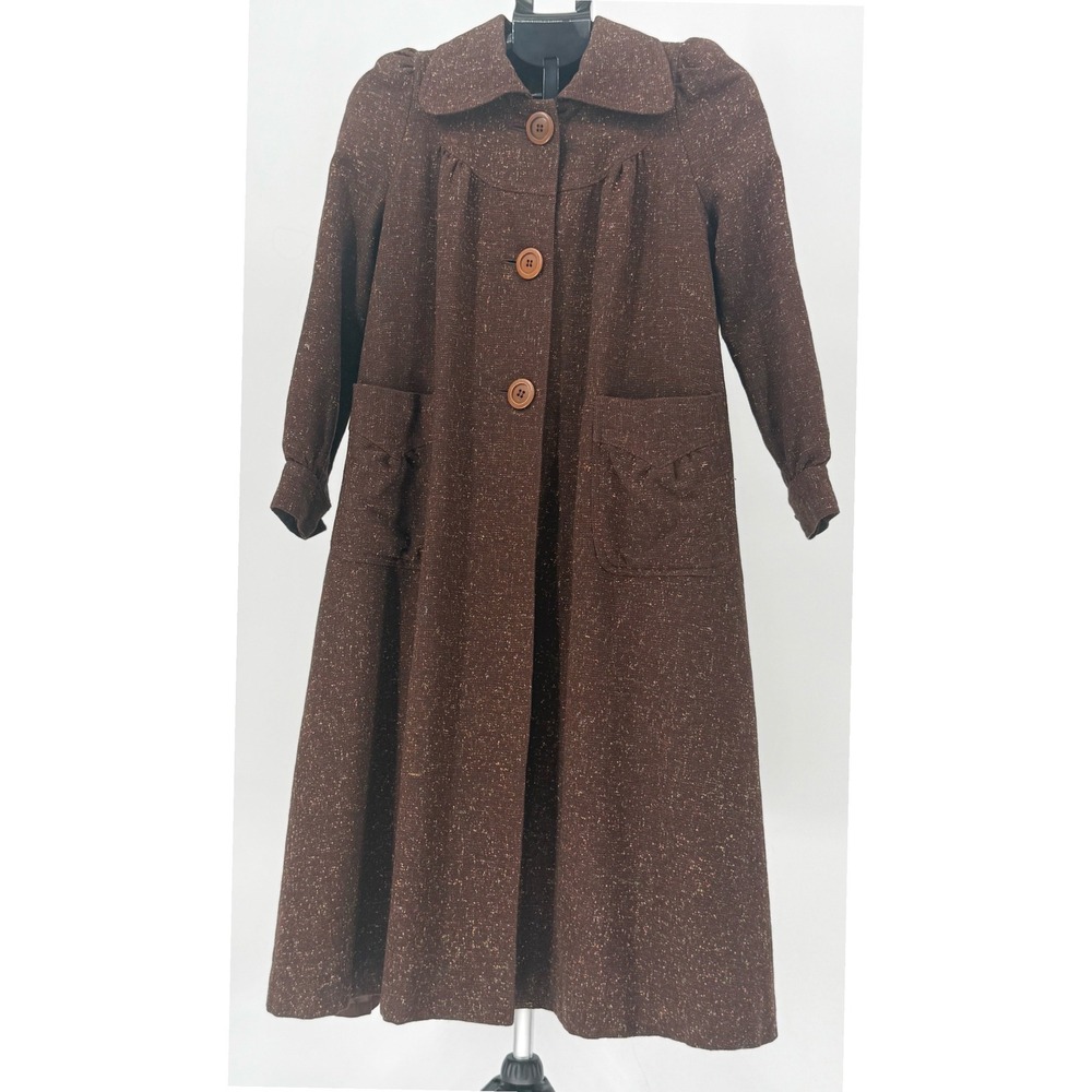 VTG Japanese Brown Speckled Tweed A Line‎ Midi Coat Button Front Collar Pockets